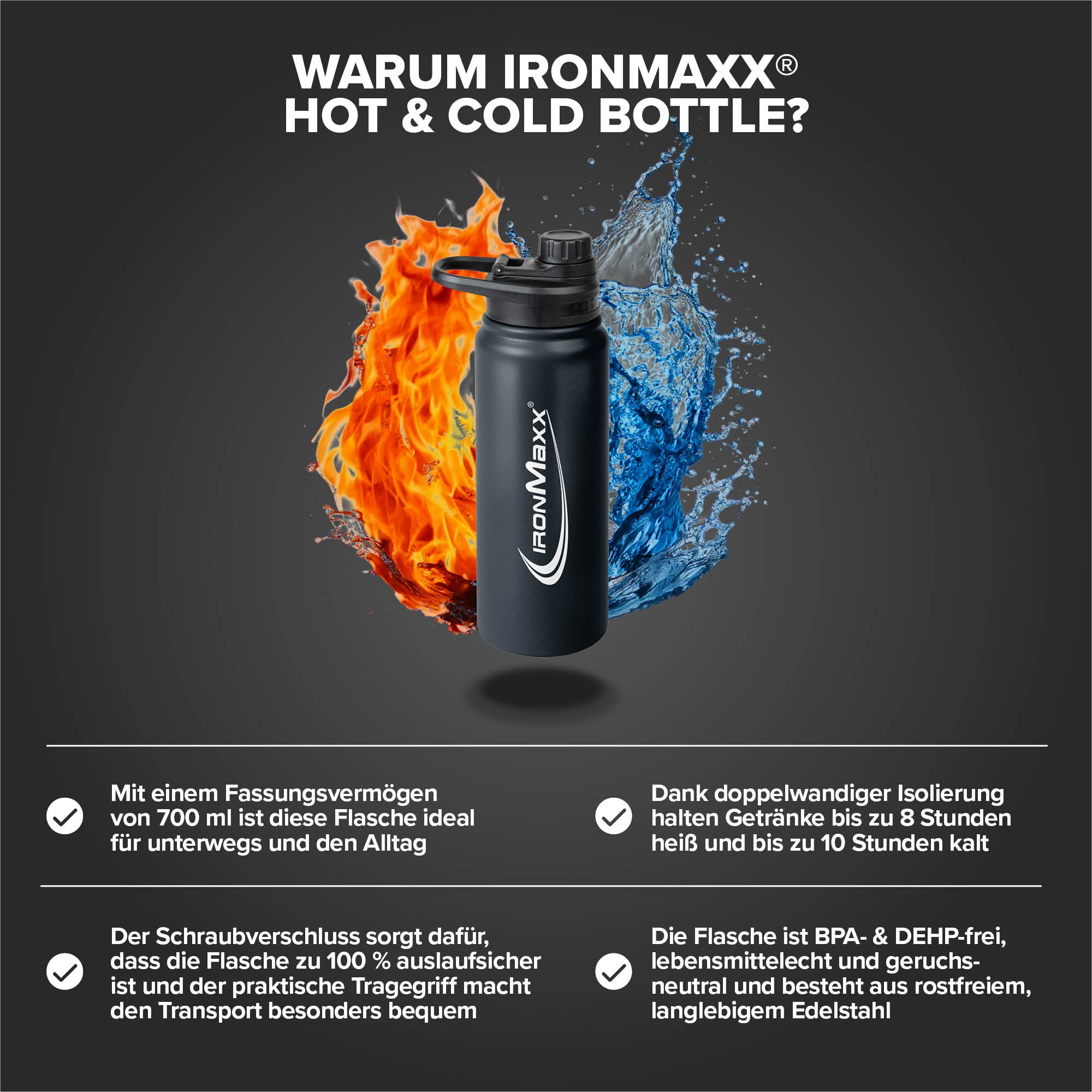 Hot & Cold Bottle - Insulated Steel 800ml - Deep Black