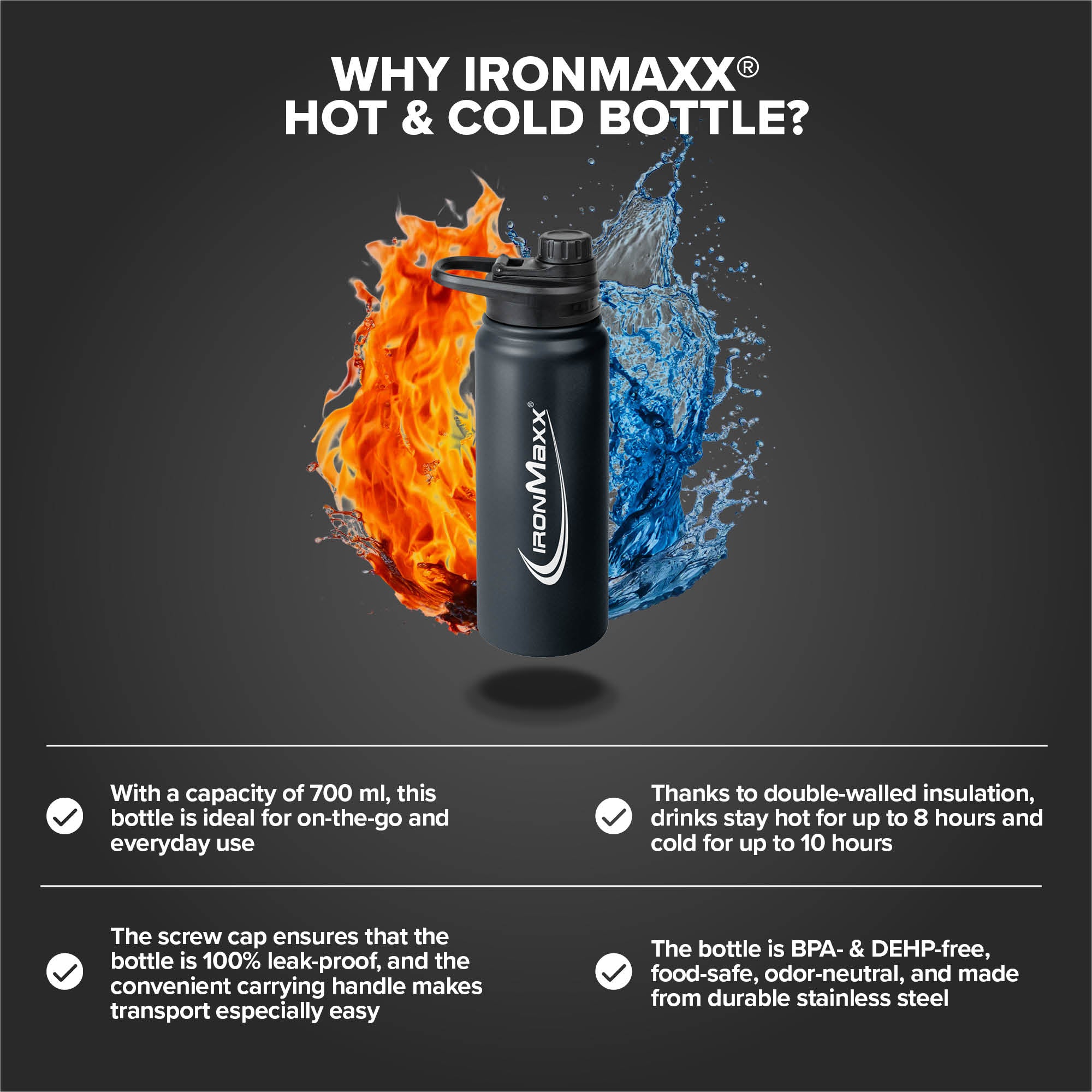 Hot & Cold Bottle - Insulated Steel 800ml - Deep Black