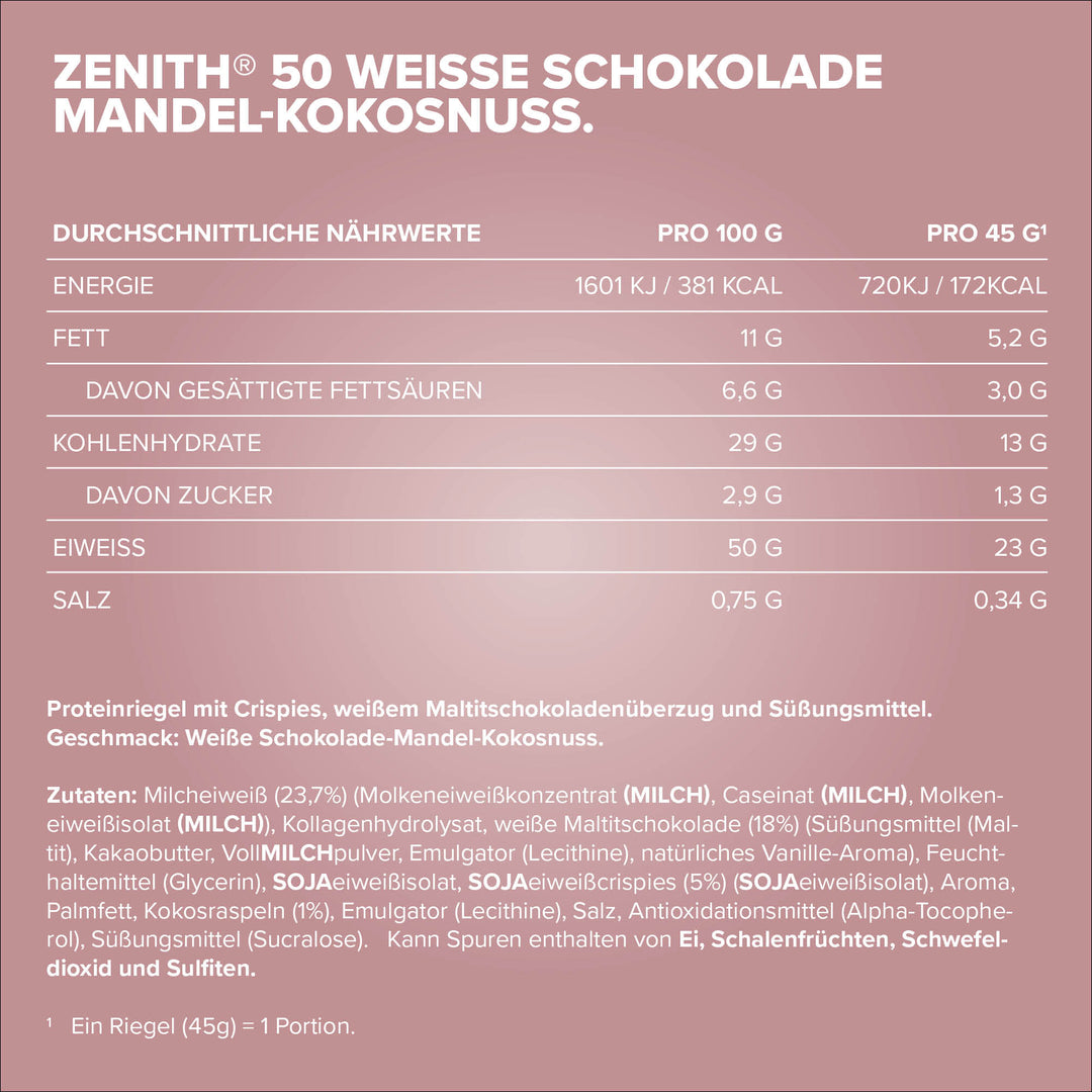 ZENITH® 50 Protein Riegel (16x45g) - White Almond Coconut Crisp