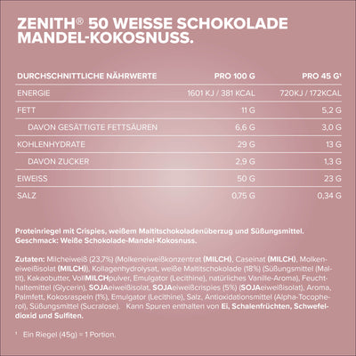 ZENITH® 50 Protein Riegel (16x45g) - White Almond Coconut Crisp