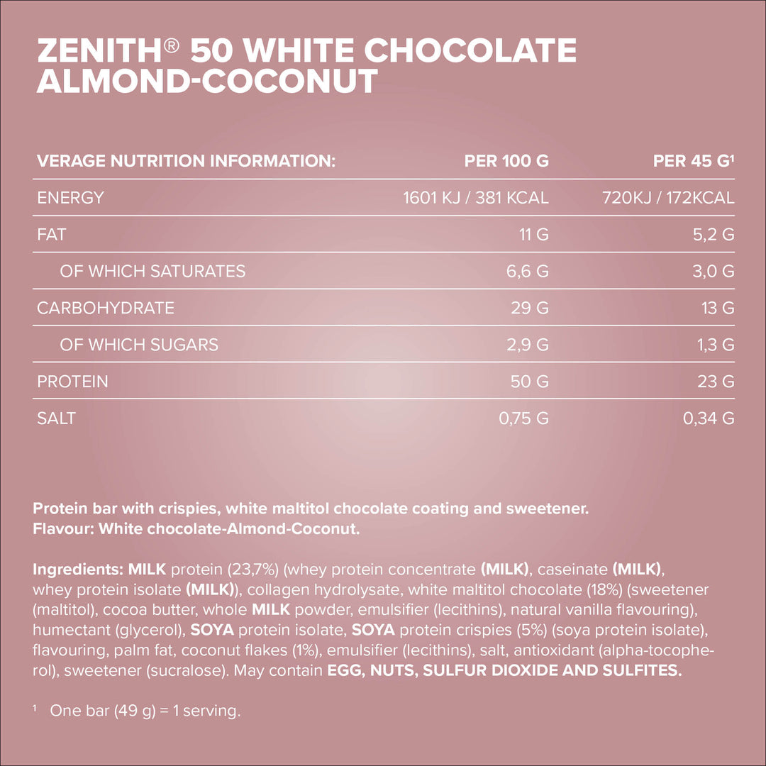 ZENITH® 50 Protein Bar (45g) - White Almond Coconut Crisp