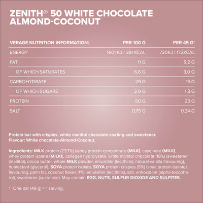 ZENITH® 50 Protein Bar (45g) - White Almond Coconut Crisp