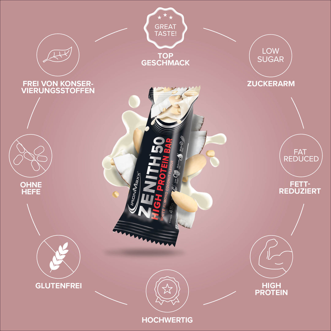 ZENITH® 50 Protein Riegel (16x45g) - White Almond Coconut Crisp
