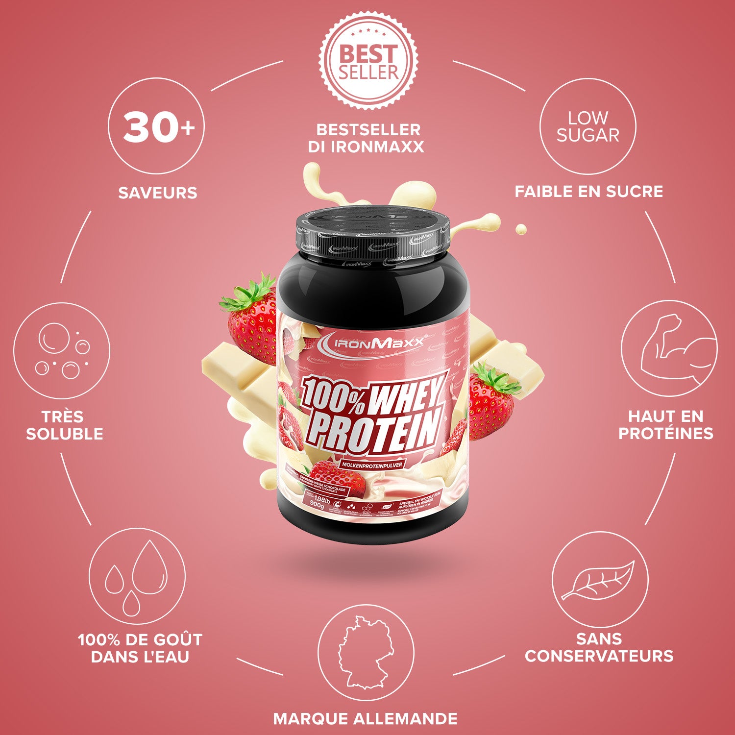 100% Whey Protein-Dose-Weiße Schokolade-Erdbeere-900g