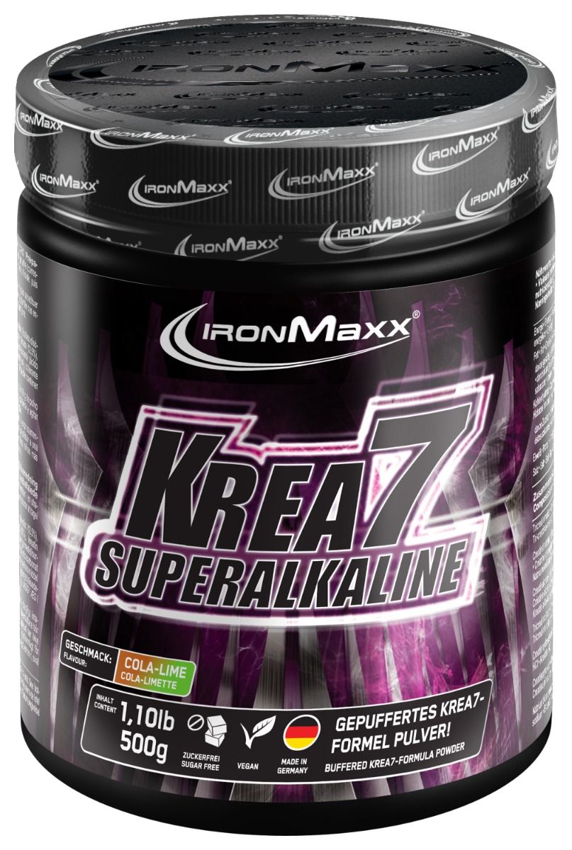 IronMaxx Krea7 Superalkaline Kreatin Pulver - Cola-Limette 500g Dose | Hochdosierte 7-Komponenten-Formel | Vegan & Zuckerfrei