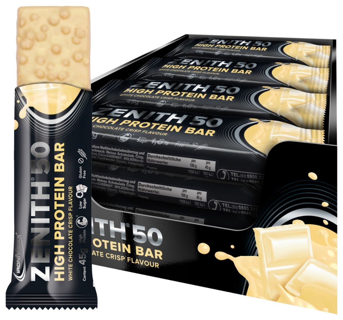 IronMaxx 50% Zenith® Protein Bar - White Chocolate Crisp 16 x 45g