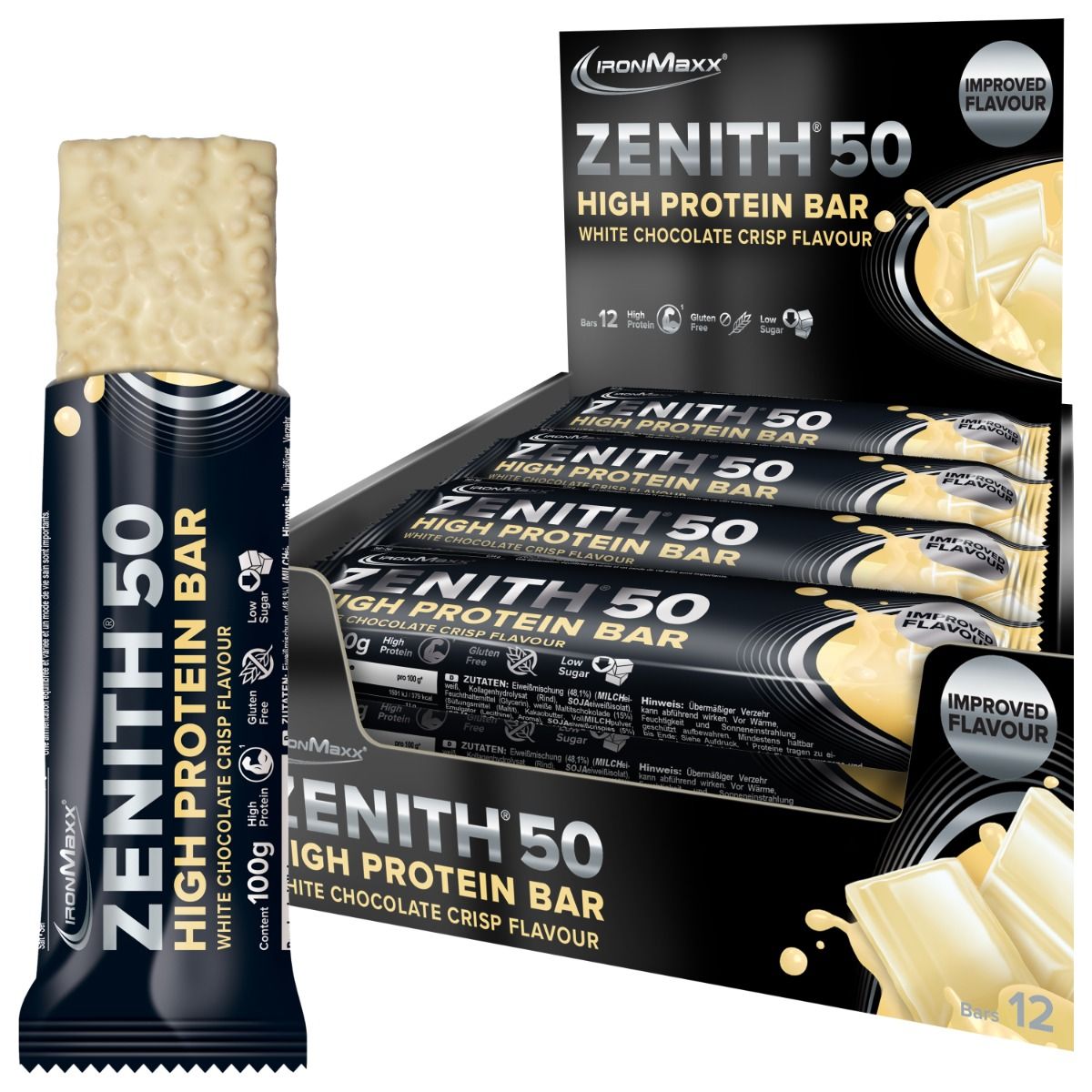 50% ZENITH® Proteinriegel - Weiße Schokolade Crisp (12x100g)