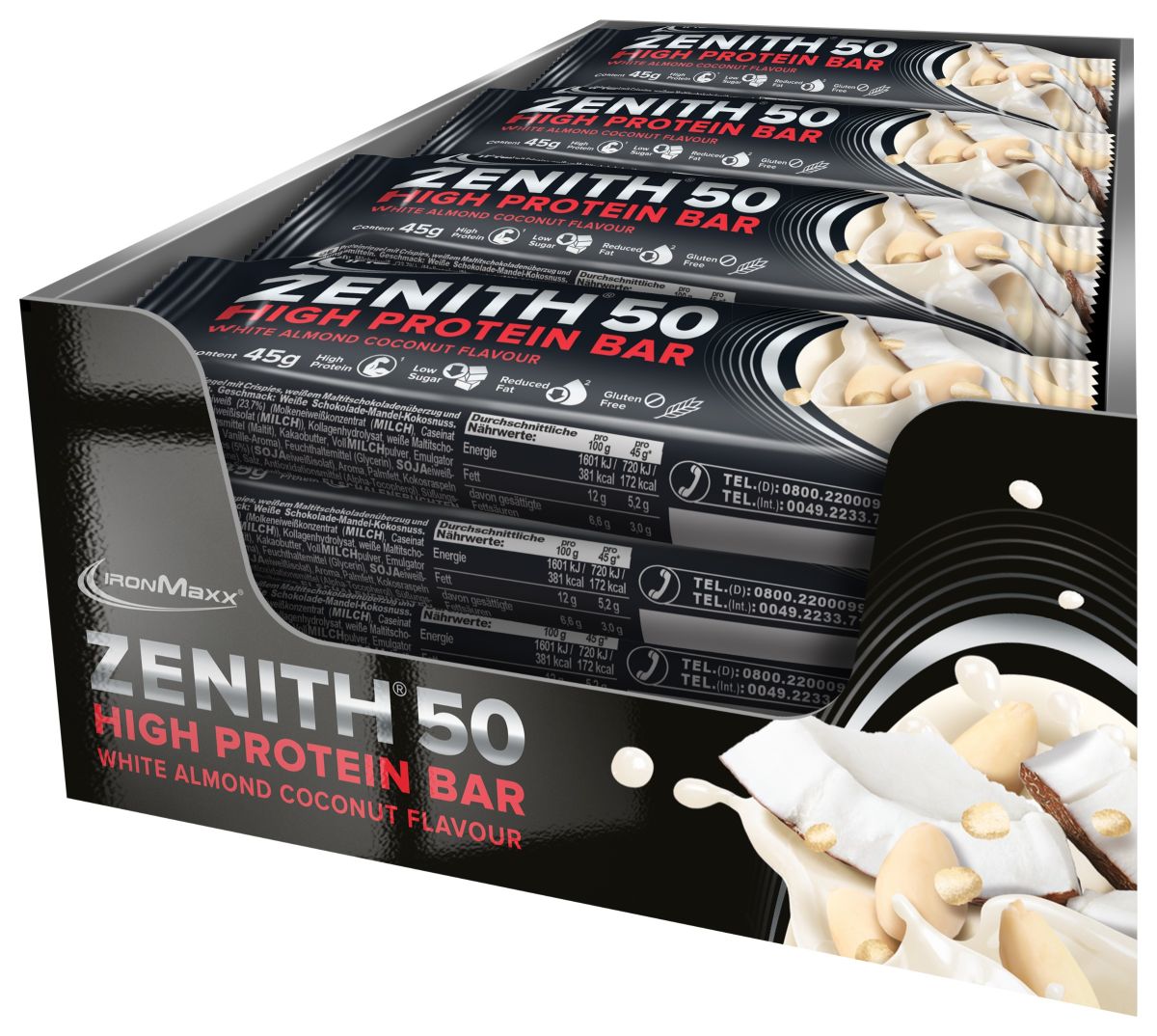 IronMaxx 50% Zenith® Protein Bar - White Almond Coconut Crisp 16 x 45g