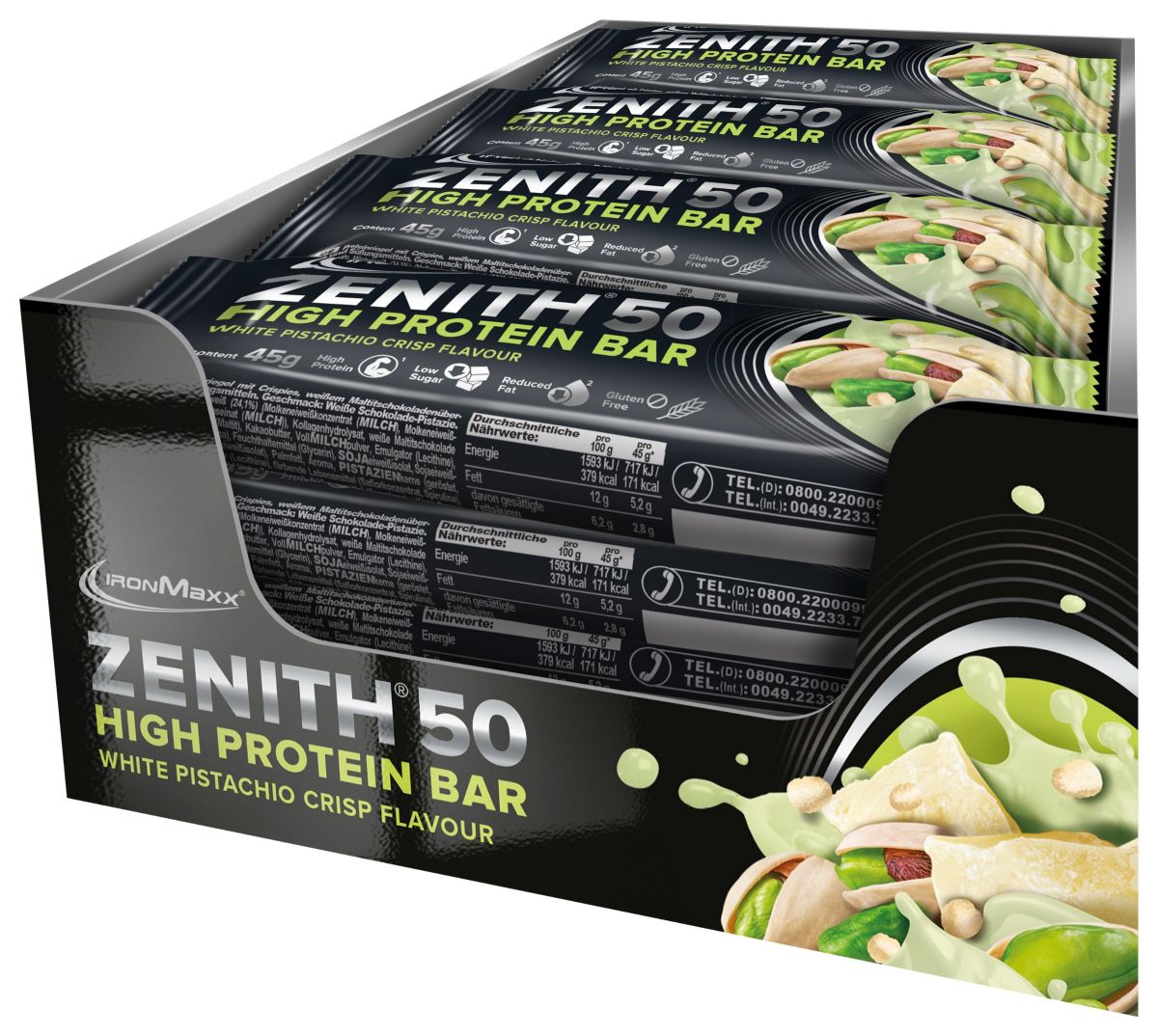 IronMaxx 50% Zenith® Protein Bar - White Pistachio Crisp 16 x 45g