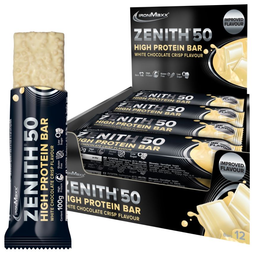 50% ZENITH® Proteinriegel (12x100g) - Weiße Schokolade Crisp (MHD: 31.05.2023)