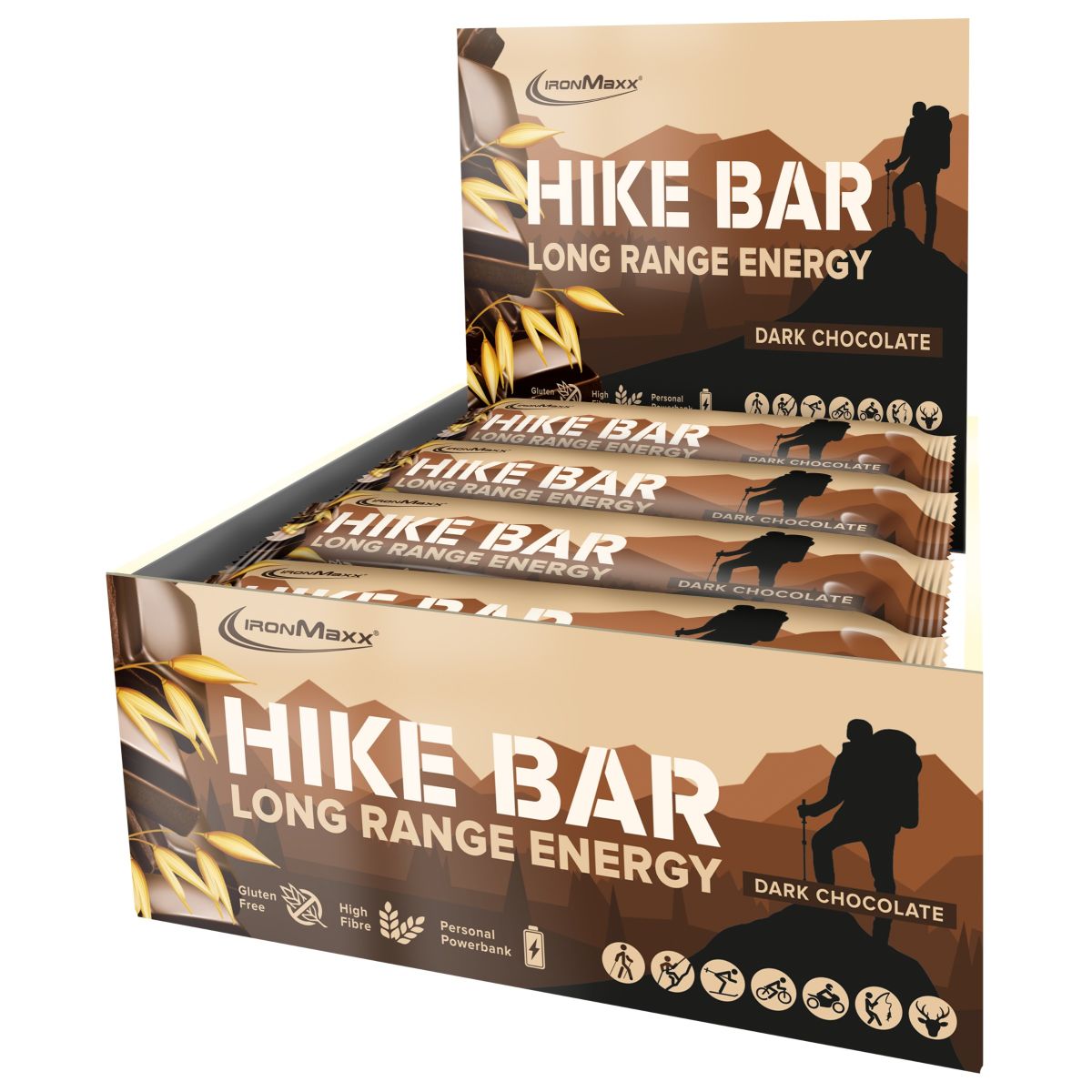 IronMaxx Hike Bar - Dark Chocolate 12x60g | Energie-Haferriegel mit Schokostückchen, Cashew- und Erdnüssen | Glutenfrei und reich an Ballaststoffen | Energielieferant für Outdoor-Aktivitäten
