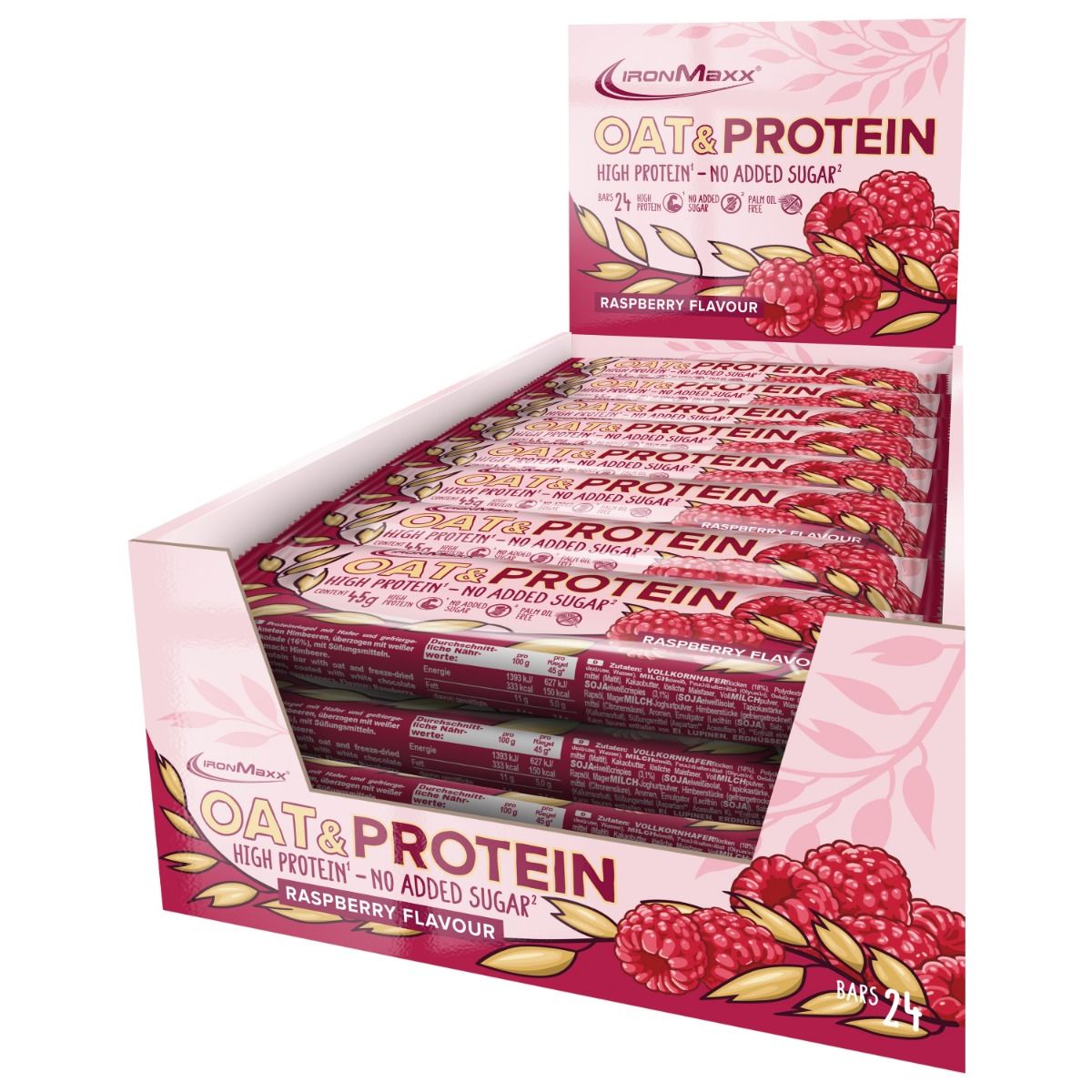 IronMaxx Oat & Protein Bar - Raspberry 24 x 45g - Highprotein- und Haferriegel ohne zugesetzte Zucker - Ballaststoffreicher Oatbar mit echten Haferflocken